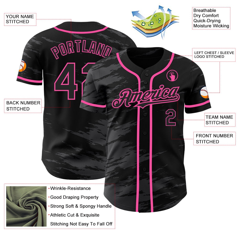 Black Steel Gray Splash Ink Pink Authentic Baseball Jersey, Custom Baseball Jersey, Personalized Sport Jersey