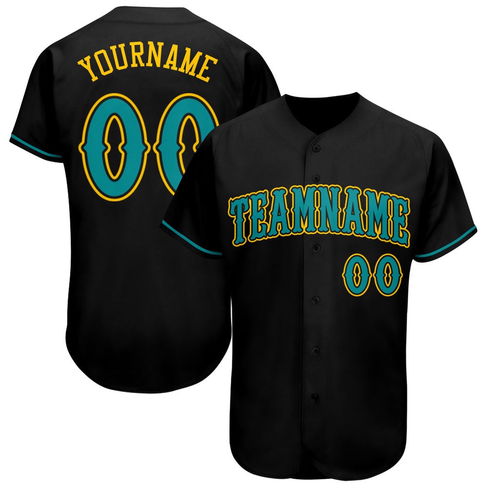 Black Teal-Gold Authentic Baseball Jersey, Custom Baseball Jersey, Personalized Sport Jersey