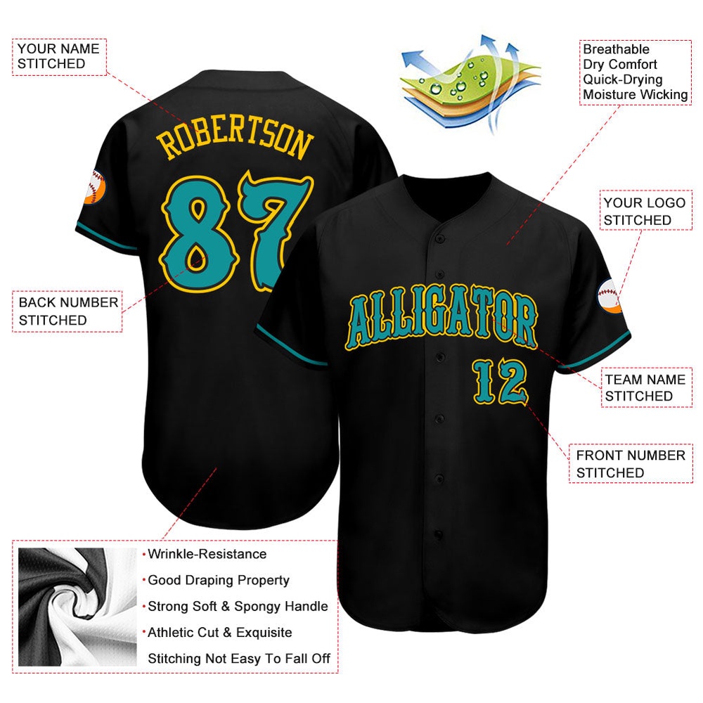 Black Teal-Gold Authentic Baseball Jersey, Custom Baseball Jersey, Personalized Sport Jersey