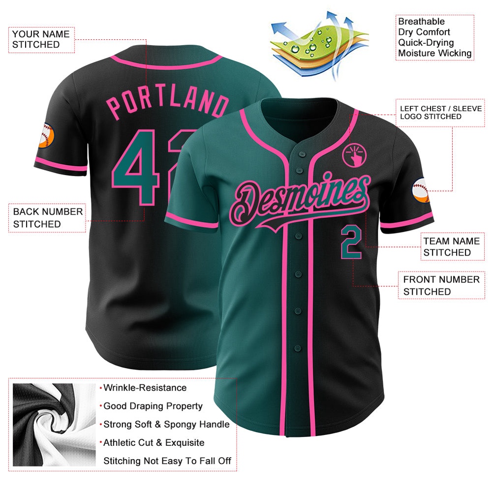 Black Teal-Pink Authentic Gradient Fashion Baseball Jersey, Custom Baseball Jersey, Personalized Sport Jersey