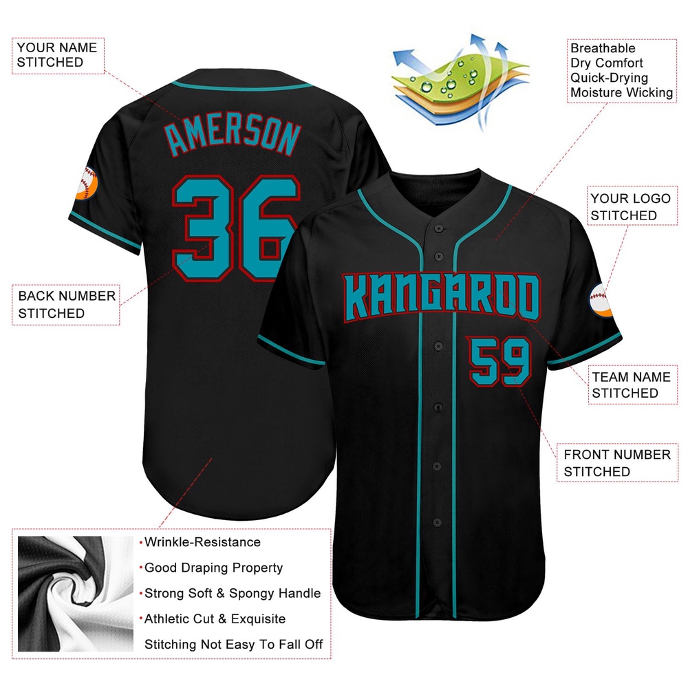 Black Teal-Red Authentic Baseball Jersey, Custom Baseball Jersey, Personalized Sport Jersey