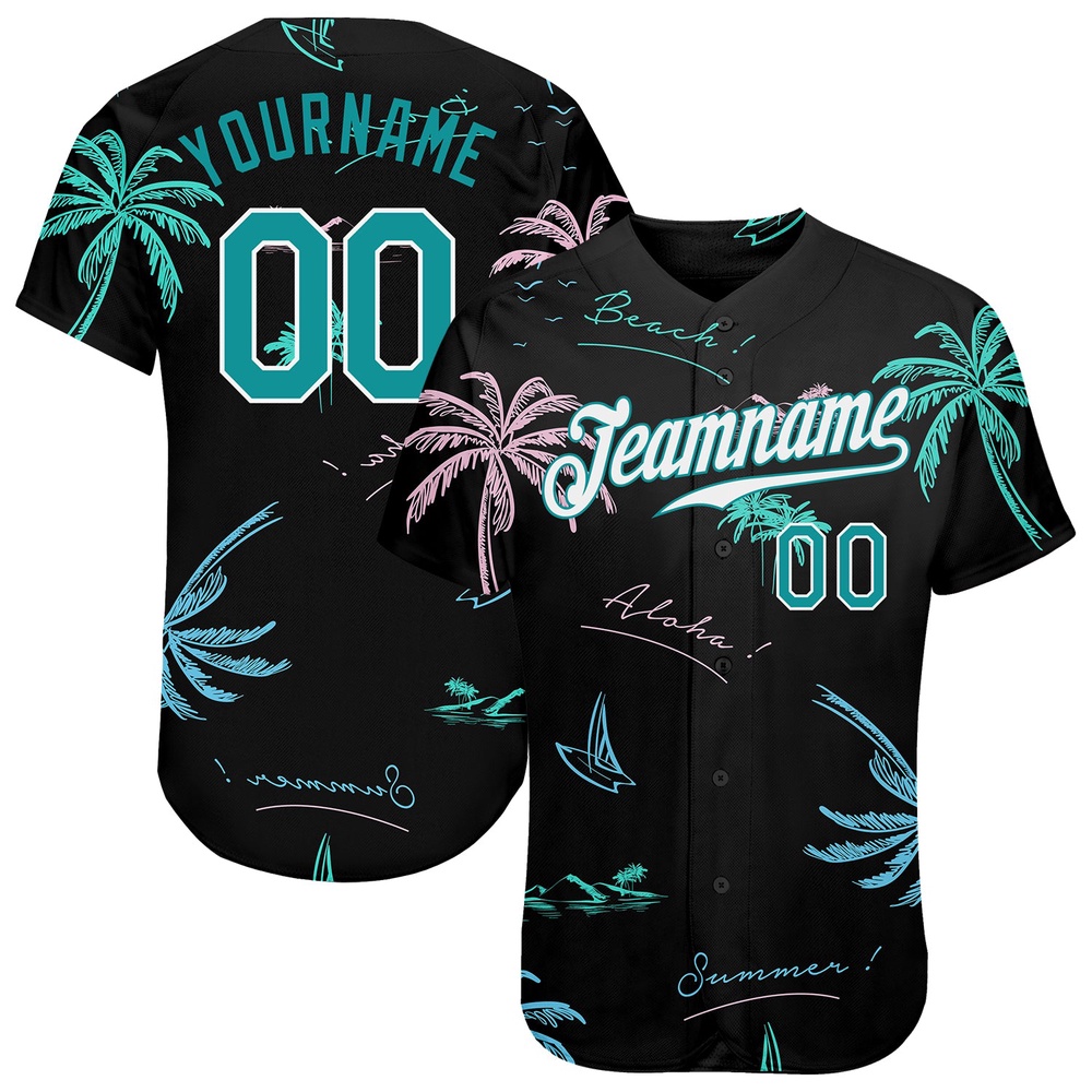 Black Teal-White 3D Pattern Design Hawaii Palm Trees Authentic Baseball Jersey, Custom Baseball Jersey, Personalized Sport Jersey