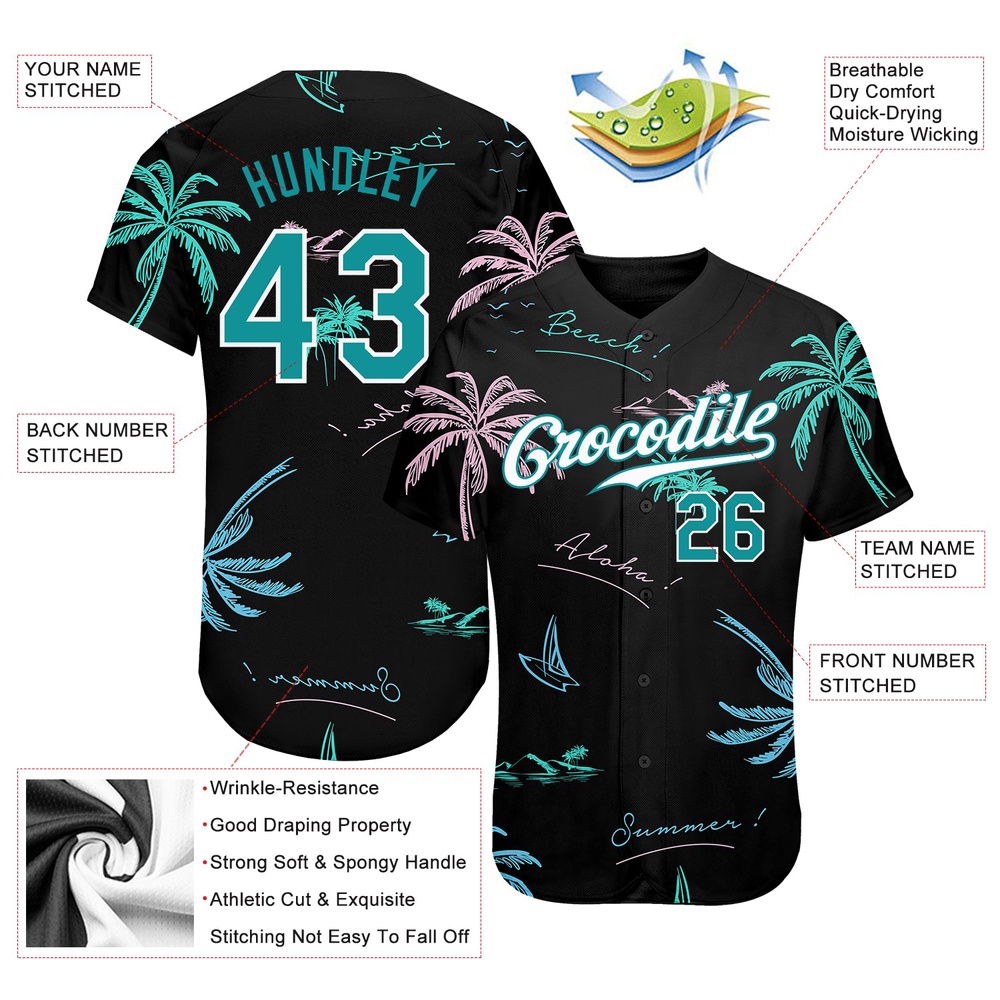 Black Teal-White 3D Pattern Design Hawaii Palm Trees Authentic Baseball Jersey, Custom Baseball Jersey, Personalized Sport Jersey