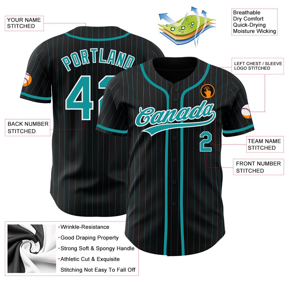 Black Teal Pinstripe Teal-White Authentic Baseball Jersey, Custom Baseball Jersey, Personalized Sport Jersey Black Teal Pinstripe Teal-White Authentic Baseball Jersey, Custom Baseball Jersey, Personalized Sport Jersey