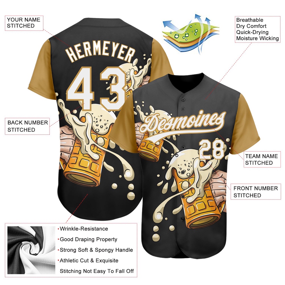Black White-Old Gold 3D Pattern Design Beer Festival Authentic Baseball Jersey, Custom Baseball Jersey, Personalized Sport Jersey