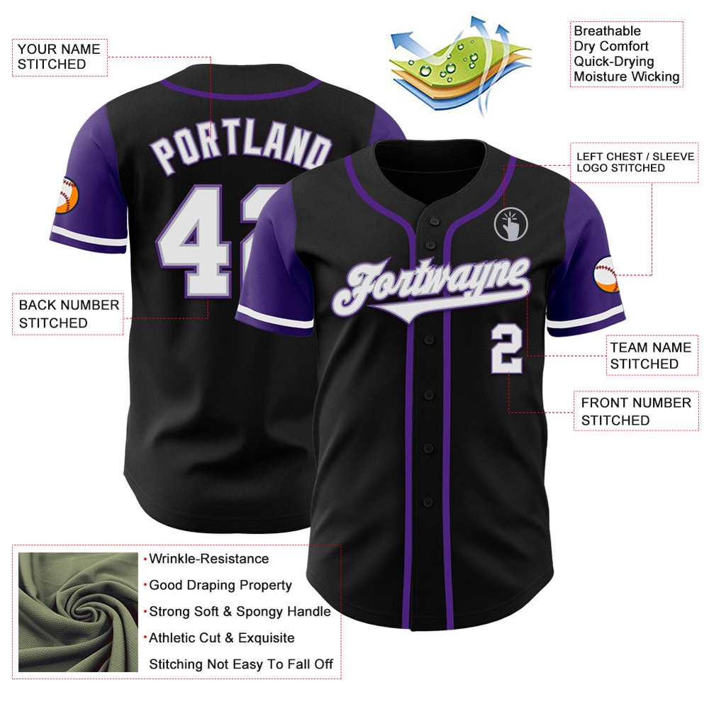 Black White-Purple Authentic Two Tone Baseball Jersey, Custom Baseball Jersey, Personalized Sport Jersey
