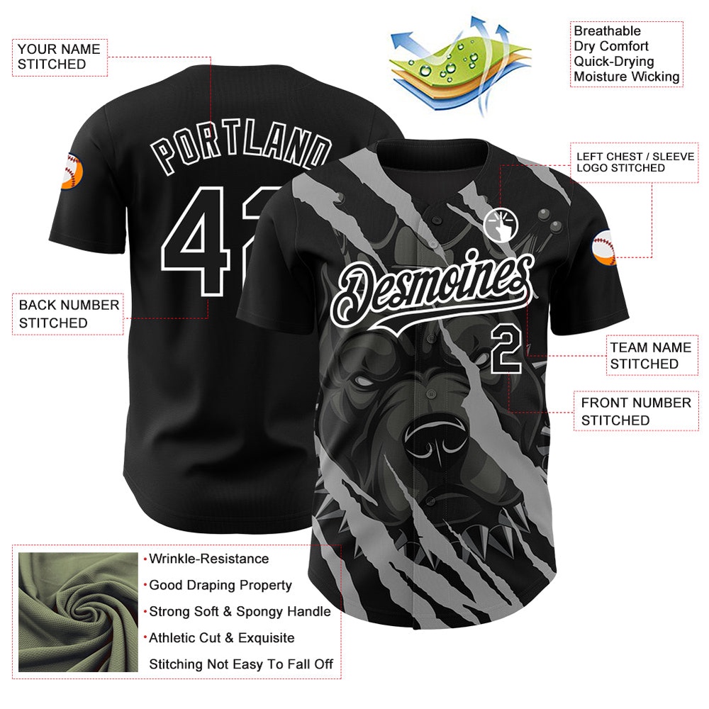 Black White 3D Pattern Design Animal Pitbull Dog Authentic Baseball Jersey, Custom Baseball Jersey, Personalized Sport Jersey Black White 3D Pattern Design Animal Pitbull Dog Authentic Baseball Jersey, Custom Baseball Jersey, Personalized Sport Jersey