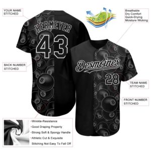 Black White 3D Pattern Design Billiards Snooker 8 Ball Authentic Baseball Jersey Custom Baseball Jersey Personalized Sport Jersey 2 oc33w9.jpg