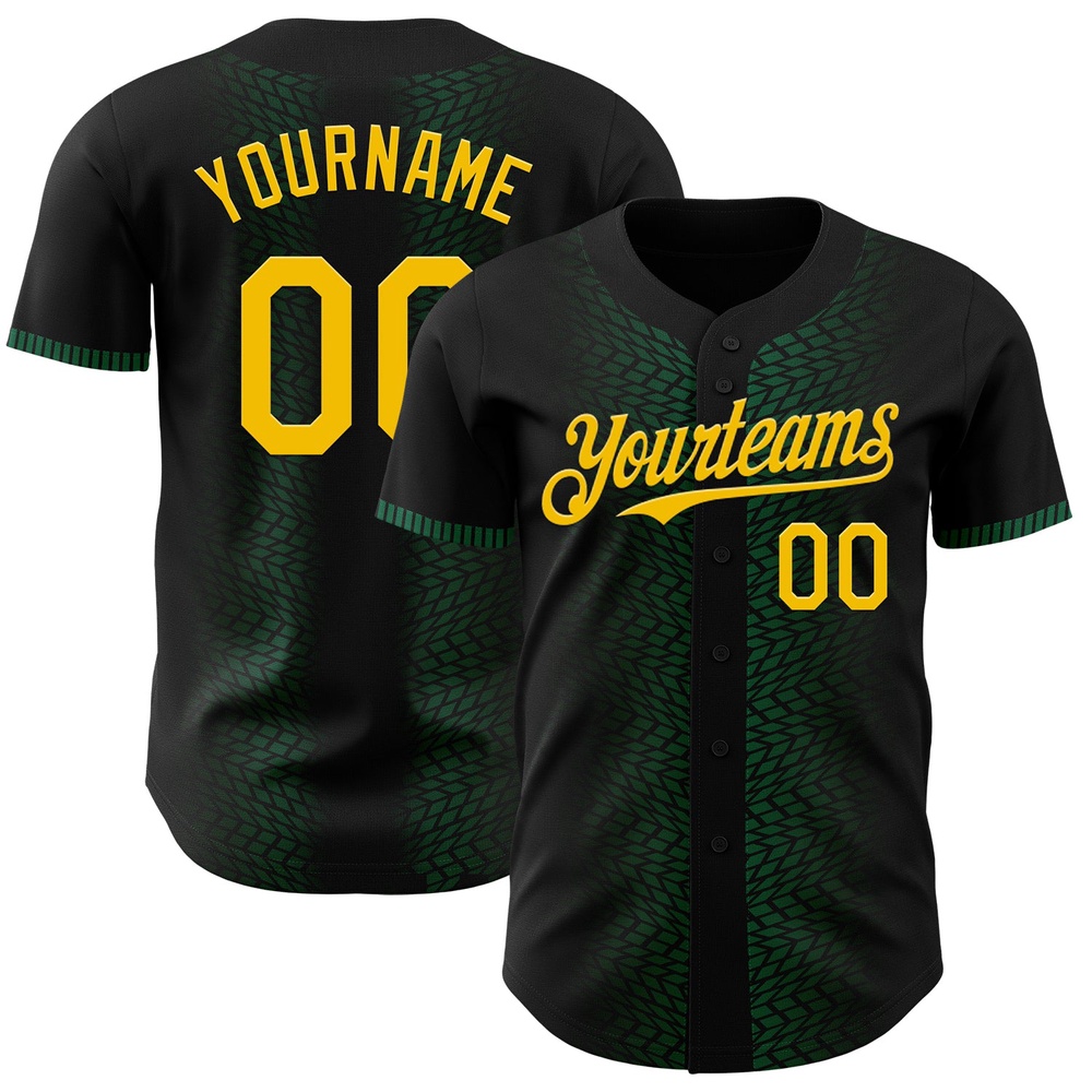 Black Yellow-Kelly Green 3D Pattern Design Geometric Shapes Authentic Baseball Jersey, Custom Baseball Jersey