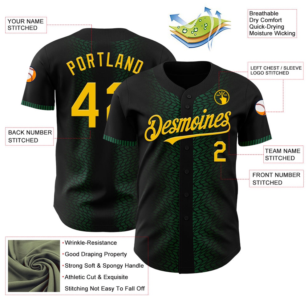 Black Yellow-Kelly Green 3D Pattern Design Geometric Shapes Authentic Baseball Jersey, Custom Baseball Jersey