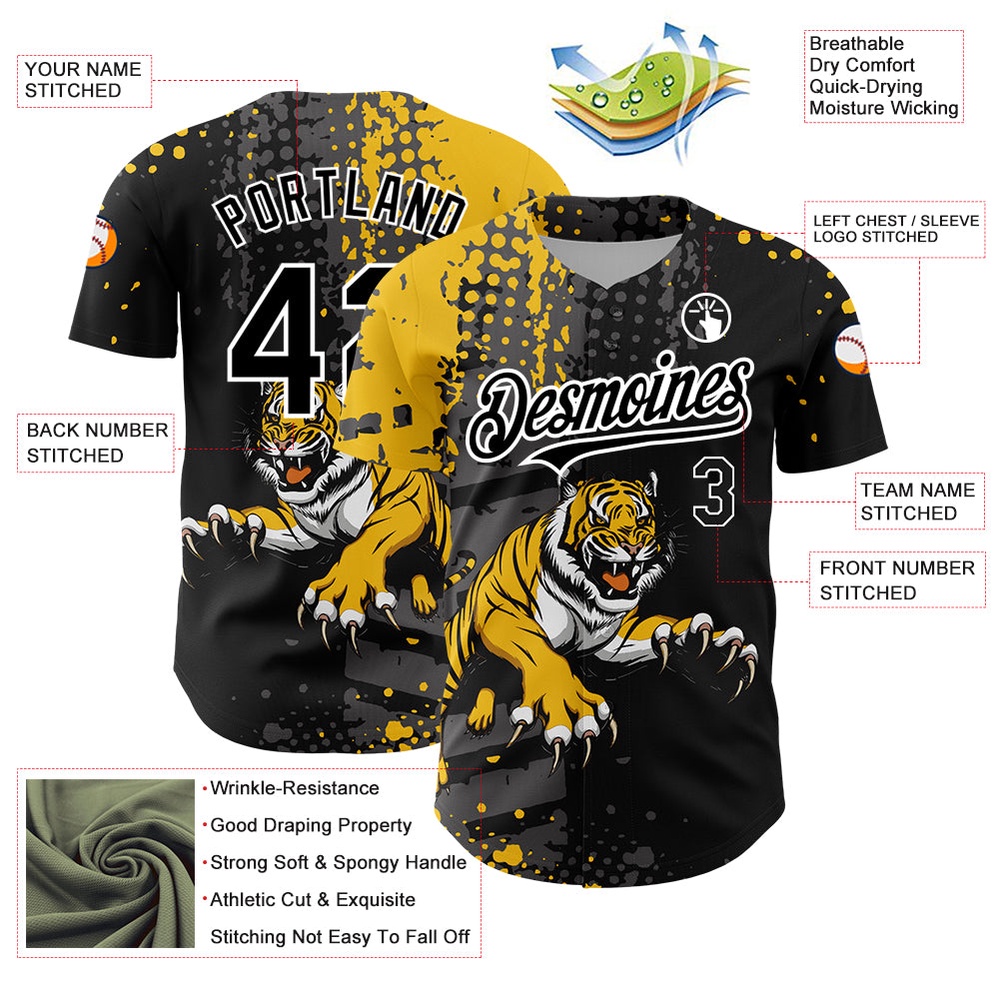 Black Yellow-White 3D Pattern Design Animal Tiger Authentic Baseball Jersey, Custom Baseball Jersey, Personalized Sport Jersey