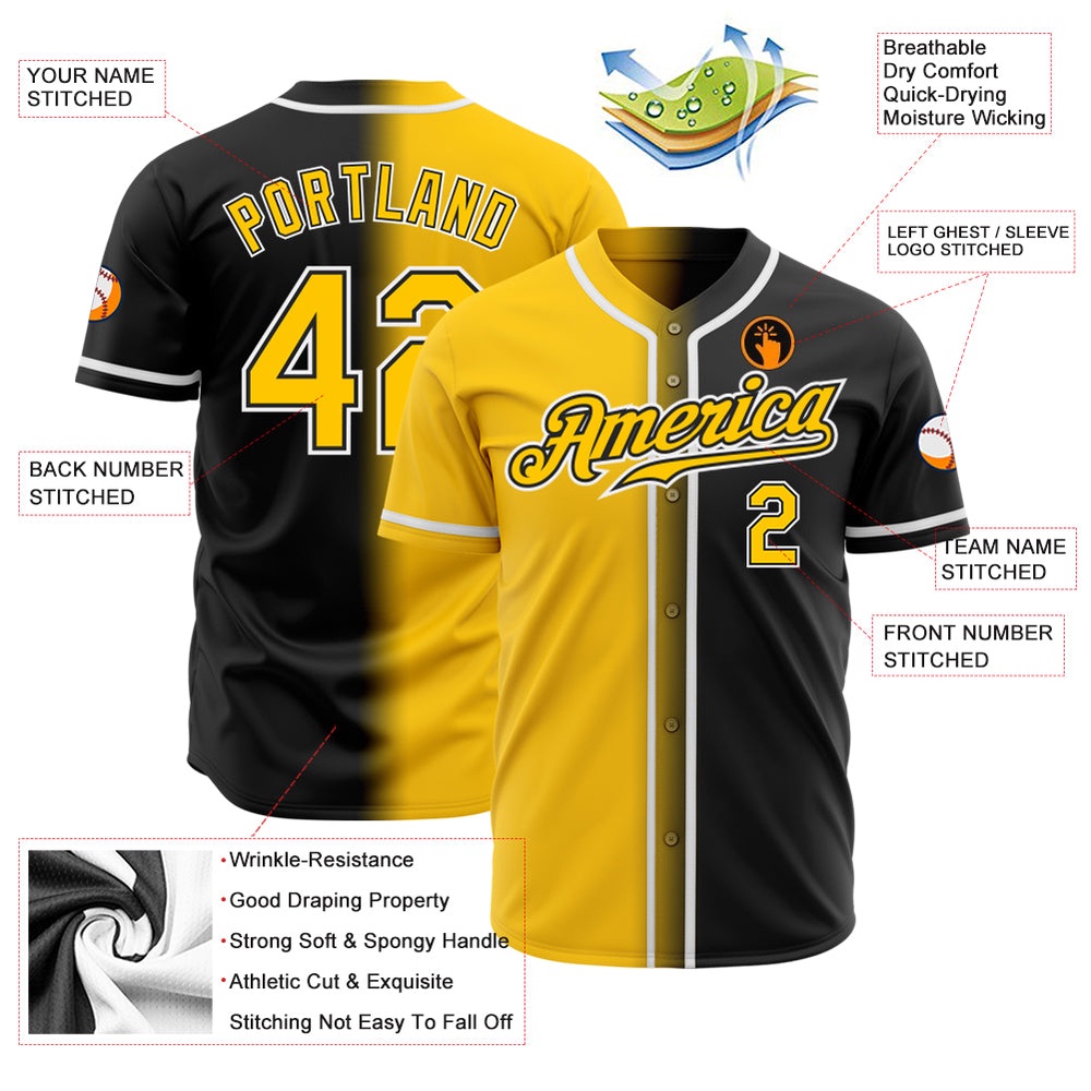Black Yellow-White Authentic Gradient Fashion Baseball Jersey, Custom Baseball Jersey, Personalized Sport Jersey