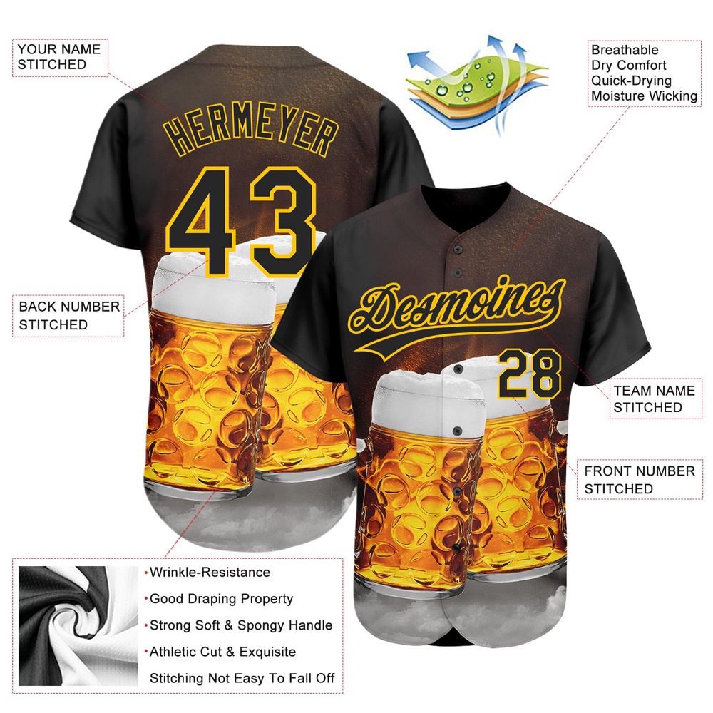 Black Yellow 3D Pattern Design Beer Festival Authentic Baseball Jersey, Custom Baseball Jersey, Personalized Sport Jersey