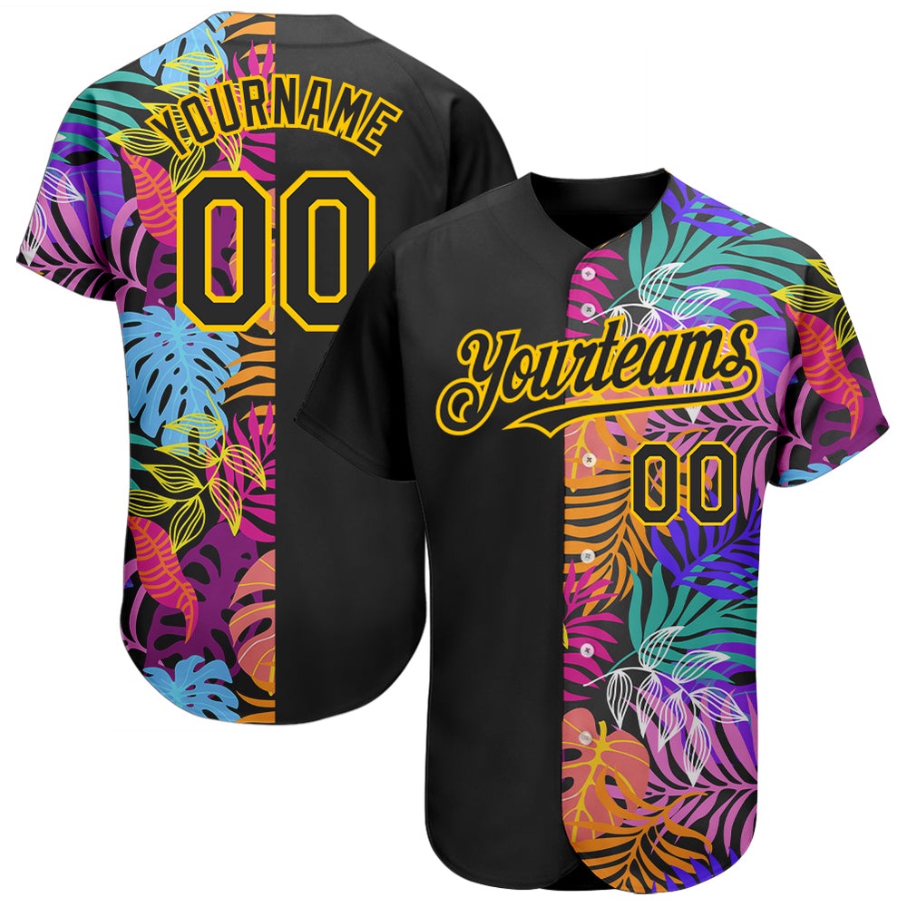 Black Yellow 3D Pattern Design Hawaii Tropical Palm Trees Authentic Baseball Jersey, Custom Baseball Jersey