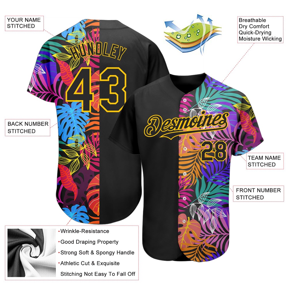 Black Yellow 3D Pattern Design Hawaii Tropical Palm Trees Authentic Baseball Jersey, Custom Baseball Jersey