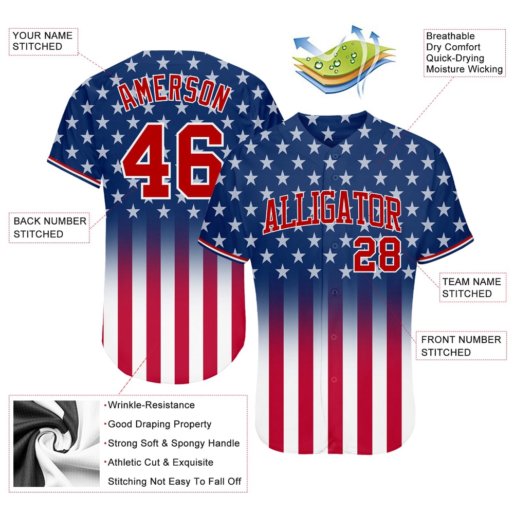Blue Red-White 3D American Flag Fashion Authentic Baseball Jersey, Custom Baseball Jersey, Personalized Sport Jersey