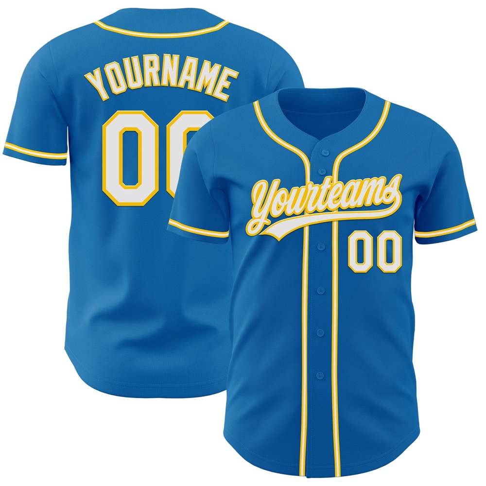 Blue White-Yellow Authentic Baseball Jersey, Custom Baseball Jersey, Personalized Sport Jersey