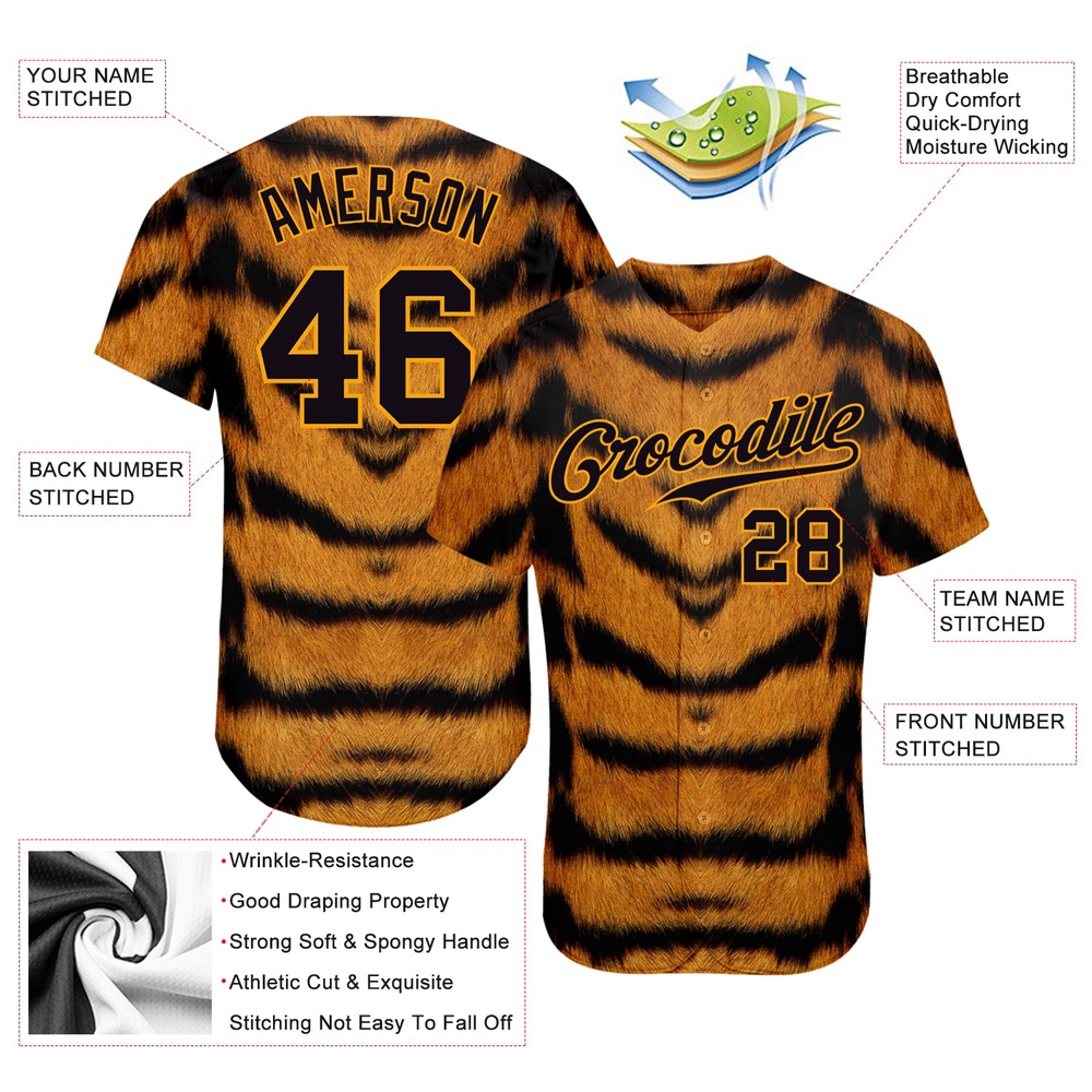 Brown Black-Gold 3D Pattern Design Tiger Authentic Baseball Jersey, Custom Baseball Jersey, Personalized Sport Jersey