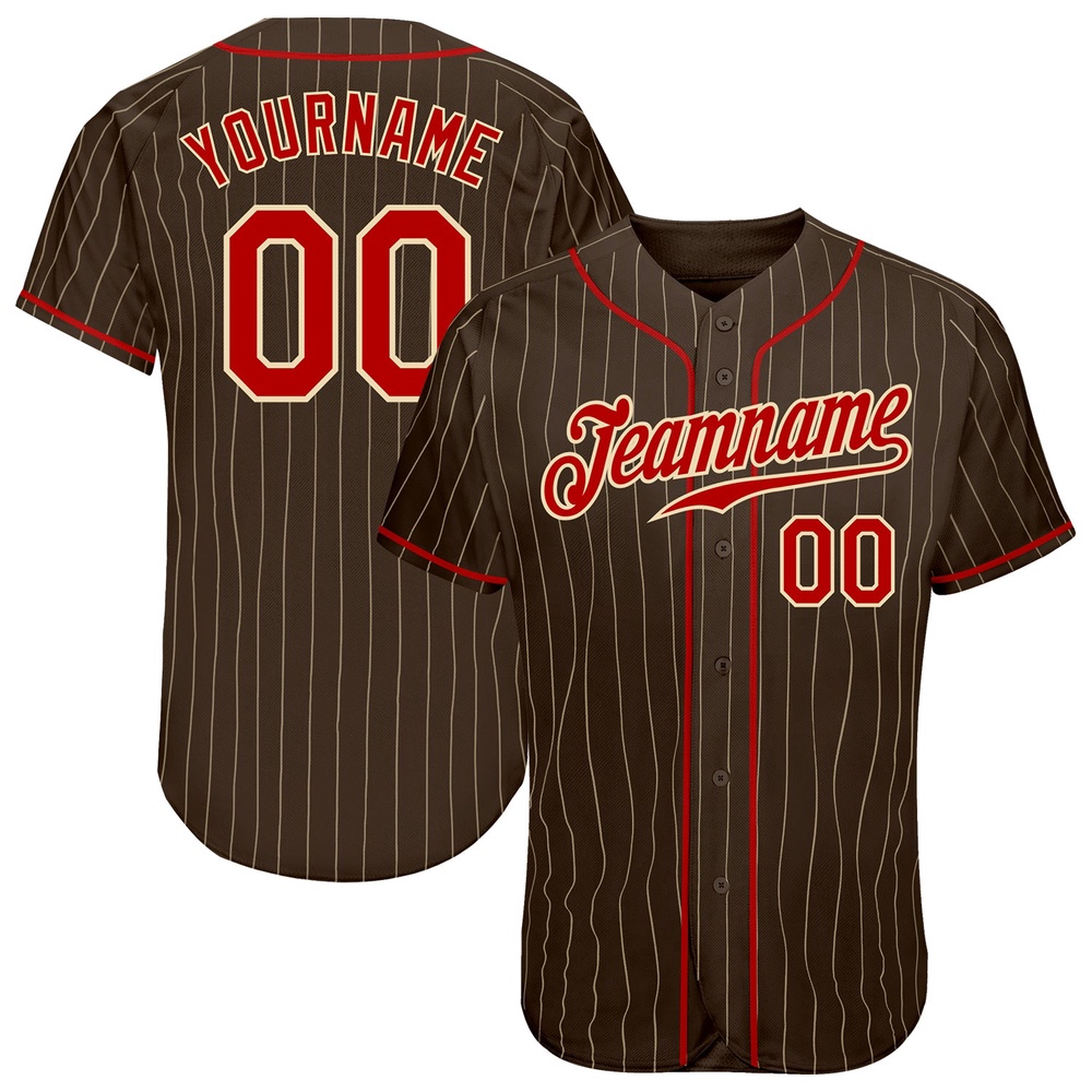 Brown Cream Pinstripe Red-Cream Authentic Baseball Jersey, Custom Baseball Jersey, Personalized Sport Jersey