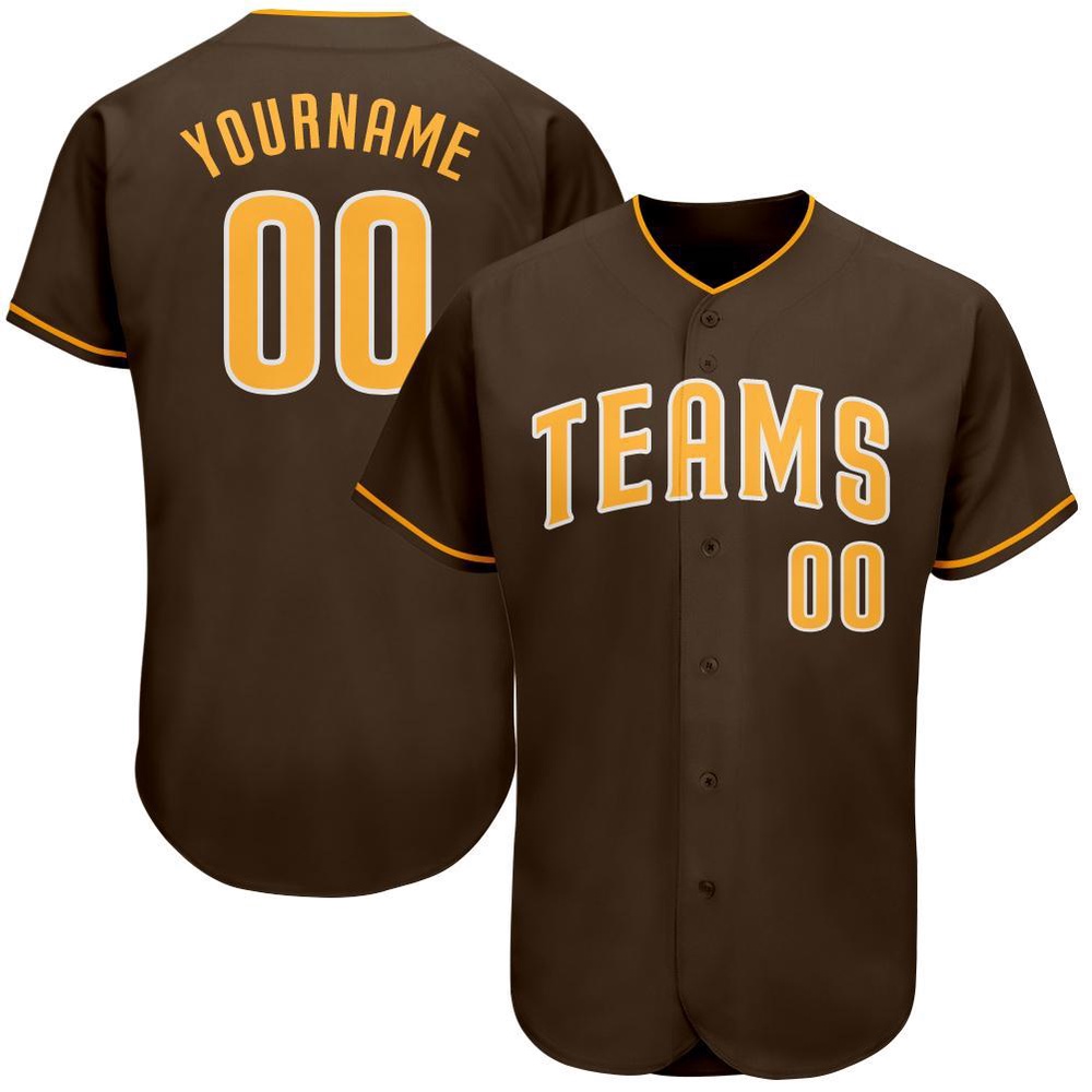 Brown Gold-White Authentic Baseball Jersey, Custom Baseball Jersey, Personalized Sport Jersey