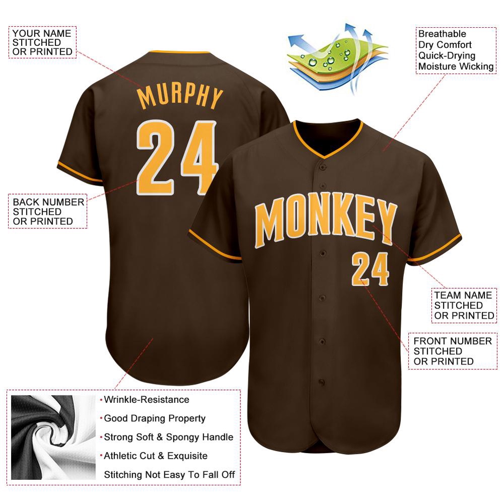 Brown Gold-White Authentic Baseball Jersey, Custom Baseball Jersey, Personalized Sport Jersey
