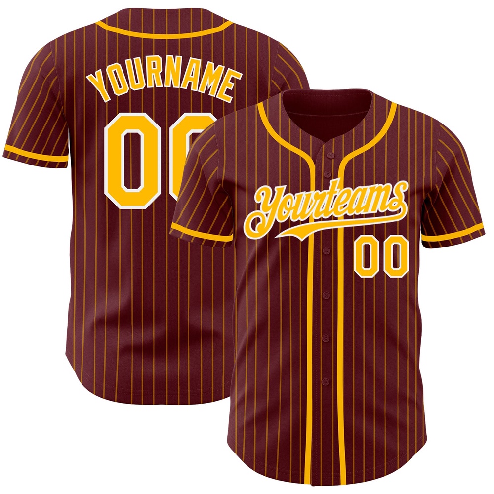 Burgundy Gold Pinstripe White Authentic Baseball Jersey, Custom Baseball Jersey, Personalized Sport Jersey