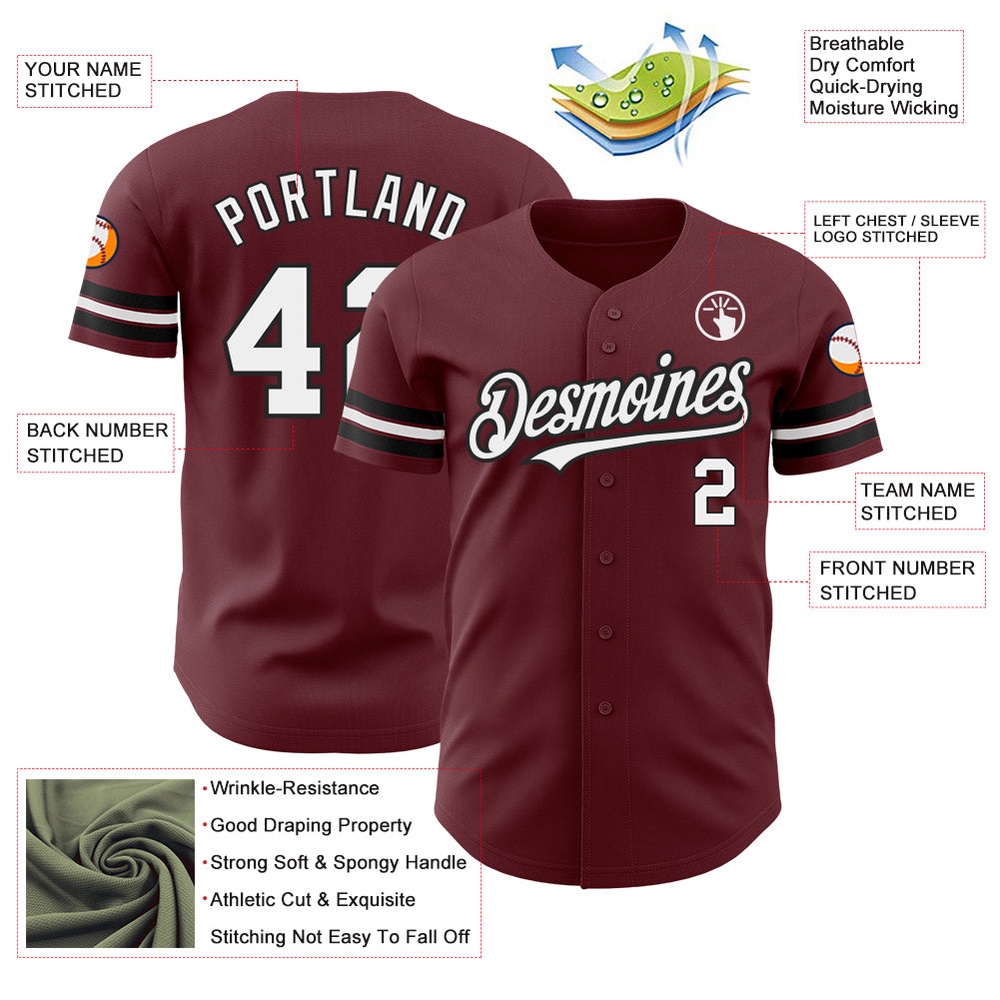 Burgundy White-Black Authentic Baseball Jersey, Custom Baseball Jersey, Personalized Sport Jersey