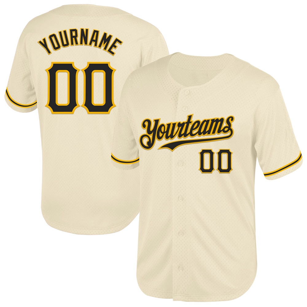 Cream Black-Gold Mesh Authentic Throwback Baseball Jersey, Custom Baseball Jersey, Personalized Sport Jersey