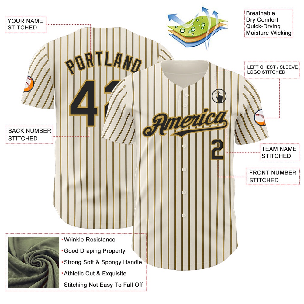 Cream (Black Old Gold Pinstripe) Black-Old Gold Authentic Baseball Jersey, Custom Baseball Jersey, Personalized Sport Jersey