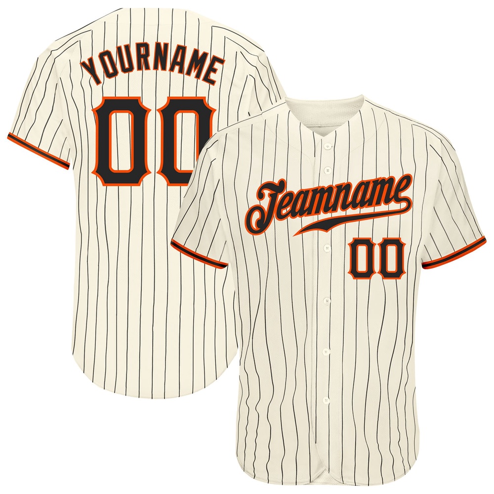 Cream Black Pinstripe Black-Orange Authentic Baseball Jersey, Custom Baseball Jersey, Personalized Sport Jersey
