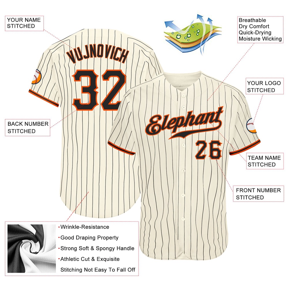 Cream Black Pinstripe Black-Orange Authentic Baseball Jersey, Custom Baseball Jersey, Personalized Sport Jersey