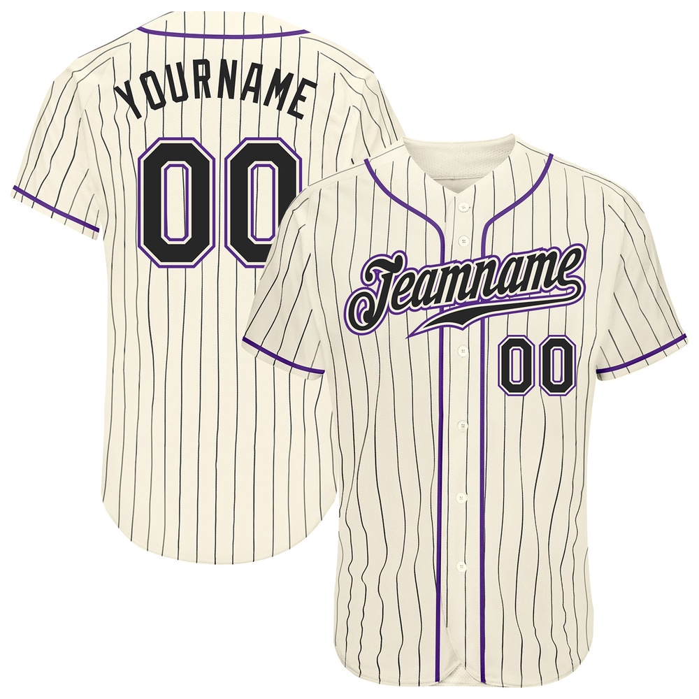 Cream Black Pinstripe Black-Purple Authentic Baseball Jersey, Custom Baseball Jersey, Personalized Sport Jersey