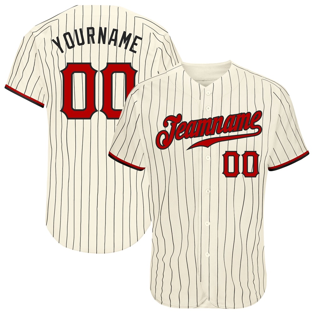 Cream Black Pinstripe Red-Black Authentic Baseball Jersey, Custom Baseball Jersey, Personalized Sport Jersey