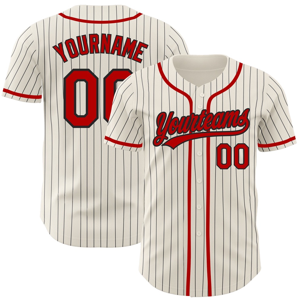 Cream Black Pinstripe Red Authentic Baseball Jersey, Custom Baseball Jersey, Personalized Sport Jersey