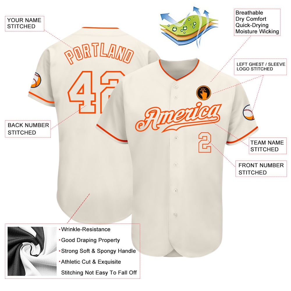 Cream Cream-Orange Authentic Baseball Jersey, Custom Baseball Jersey, Personalized Sport Jersey