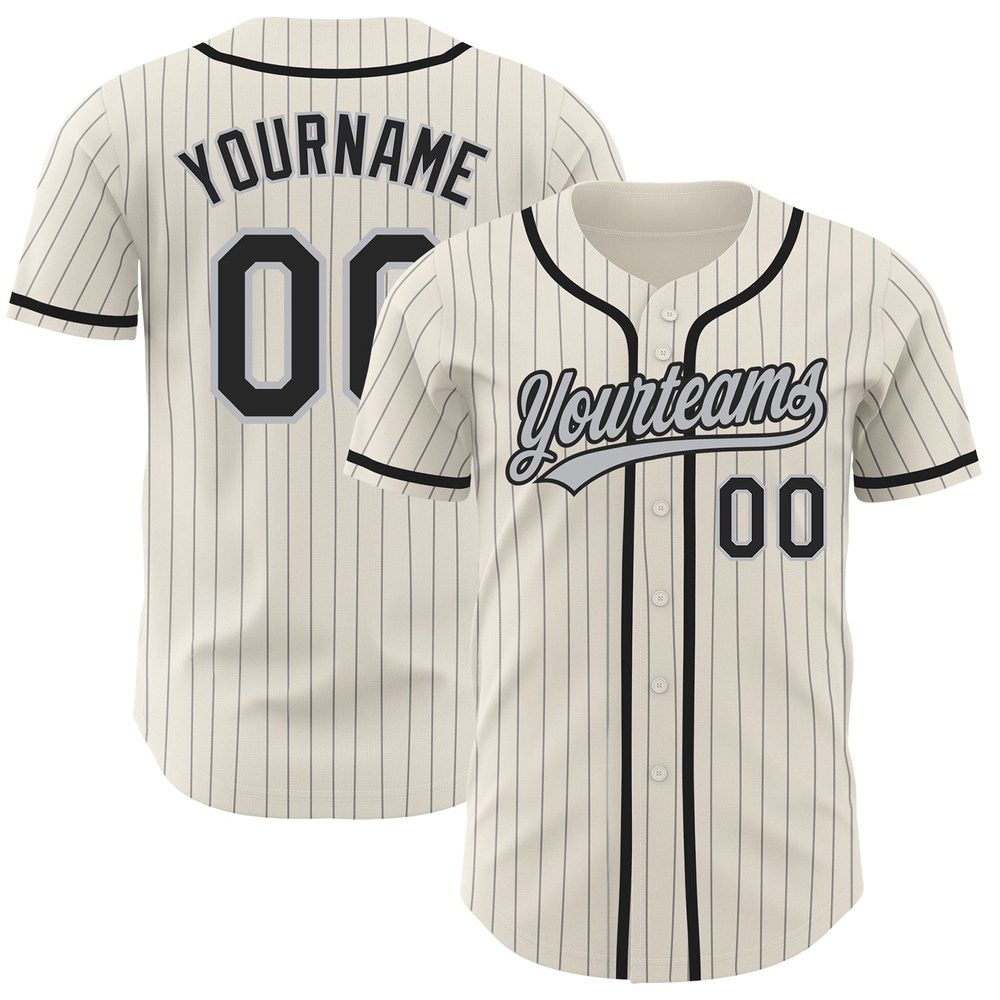 Cream Gray Pinstripe Black Authentic Baseball Jersey, Custom Baseball Jersey, Personalized Sport Jersey