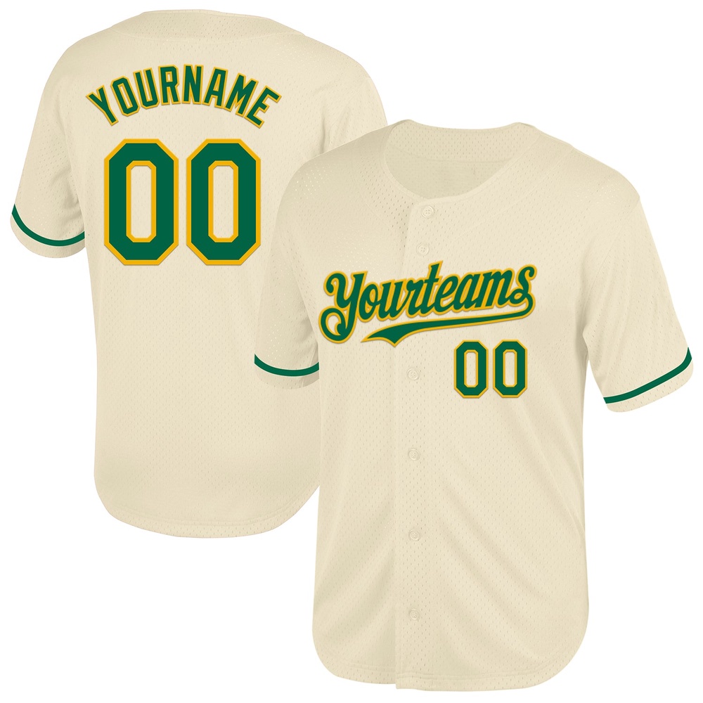 Cream Kelly Green-Gold Mesh Authentic Throwback Baseball Jersey, Custom Baseball Jersey, Personalized Sport Jersey