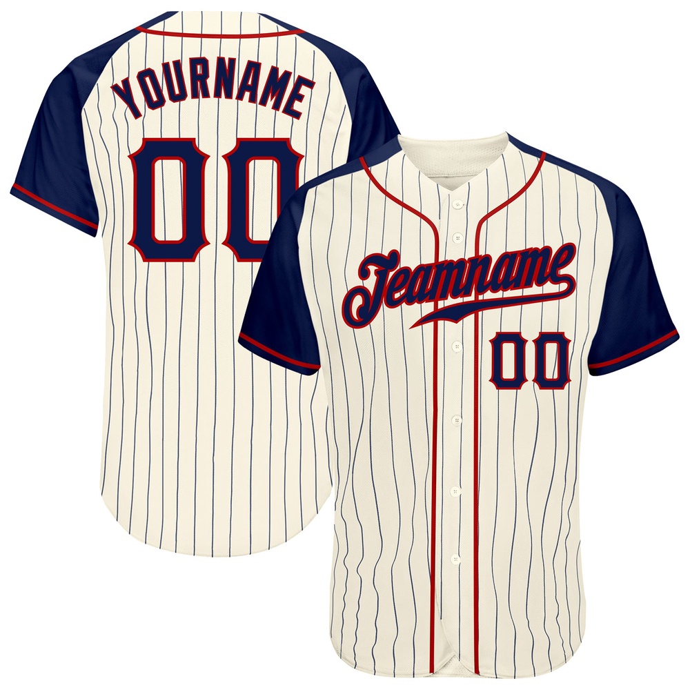 Cream Navy Pinstripe Navy-Red Authentic Raglan Sleeves Baseball Jersey, Custom Baseball Jersey, Personalized Sport Jersey