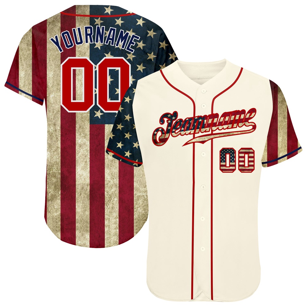 Cream Red-Navy 3D American Flag Authentic Baseball Jersey, Custom Baseball Jersey, Personalized Sport Jersey