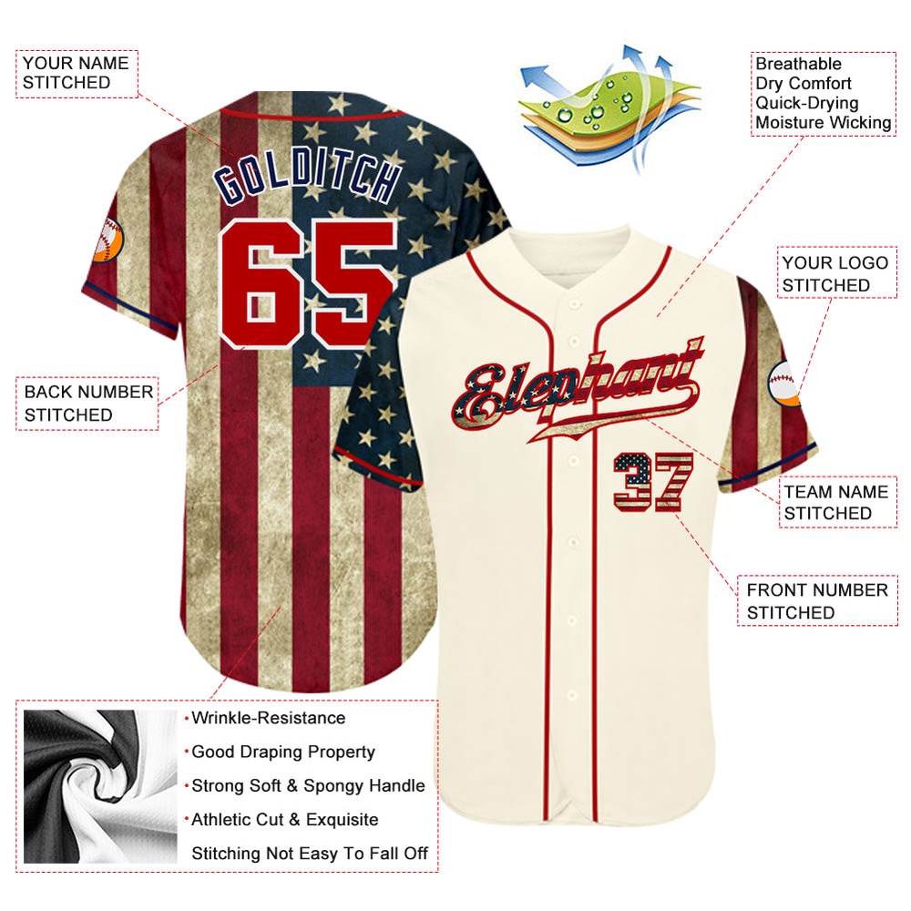 Cream Red-Navy 3D American Flag Authentic Baseball Jersey, Custom Baseball Jersey, Personalized Sport Jersey