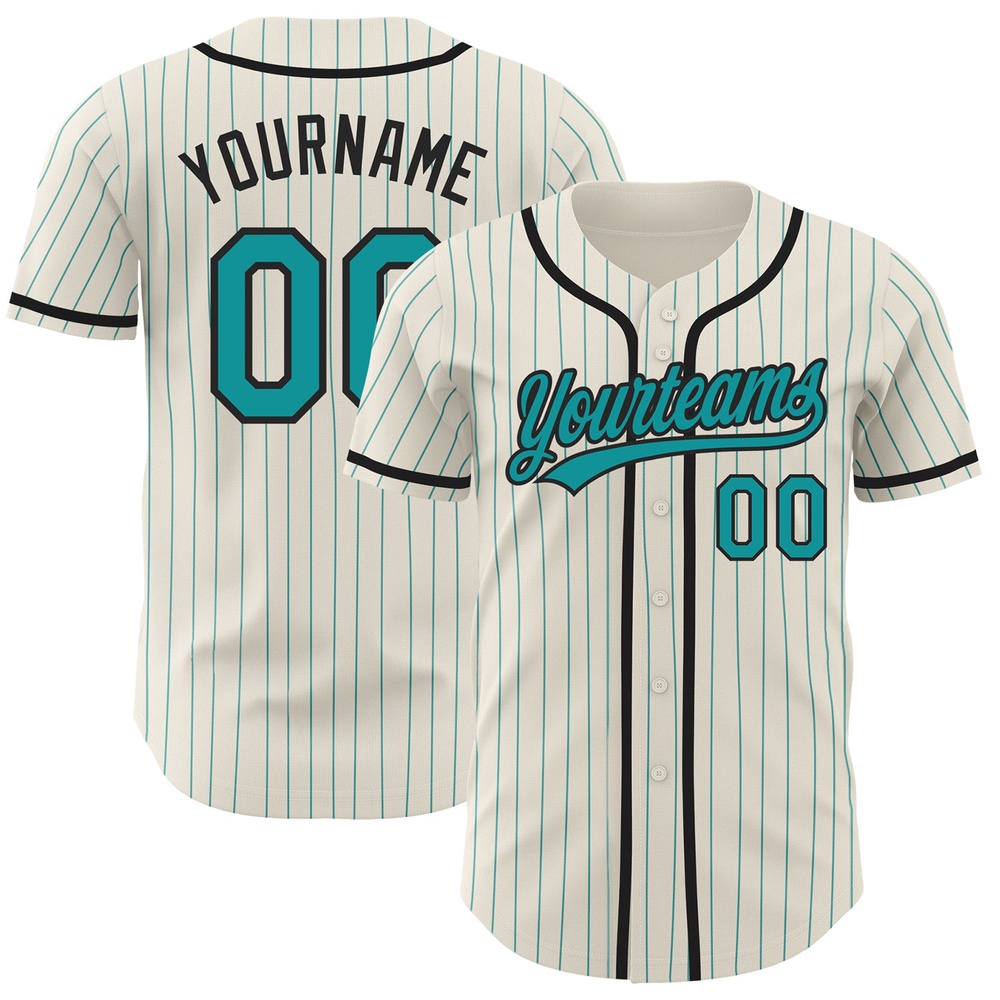 Cream Teal Pinstripe Black Authentic Baseball Jersey, Custom Baseball Jersey, Personalized Sport Jersey