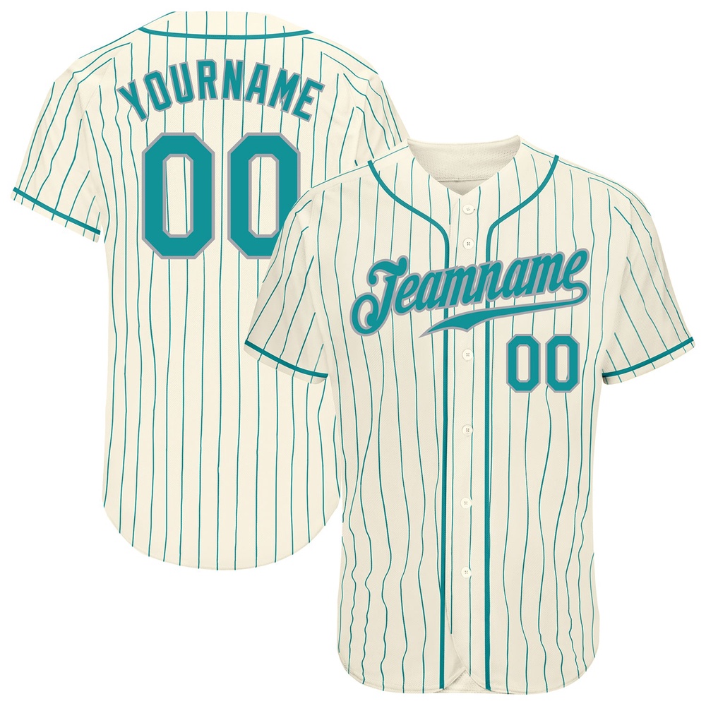 Cream Teal Pinstripe Teal-Gray Authentic Baseball Jersey, Custom Baseball Jersey, Personalized Sport Jersey