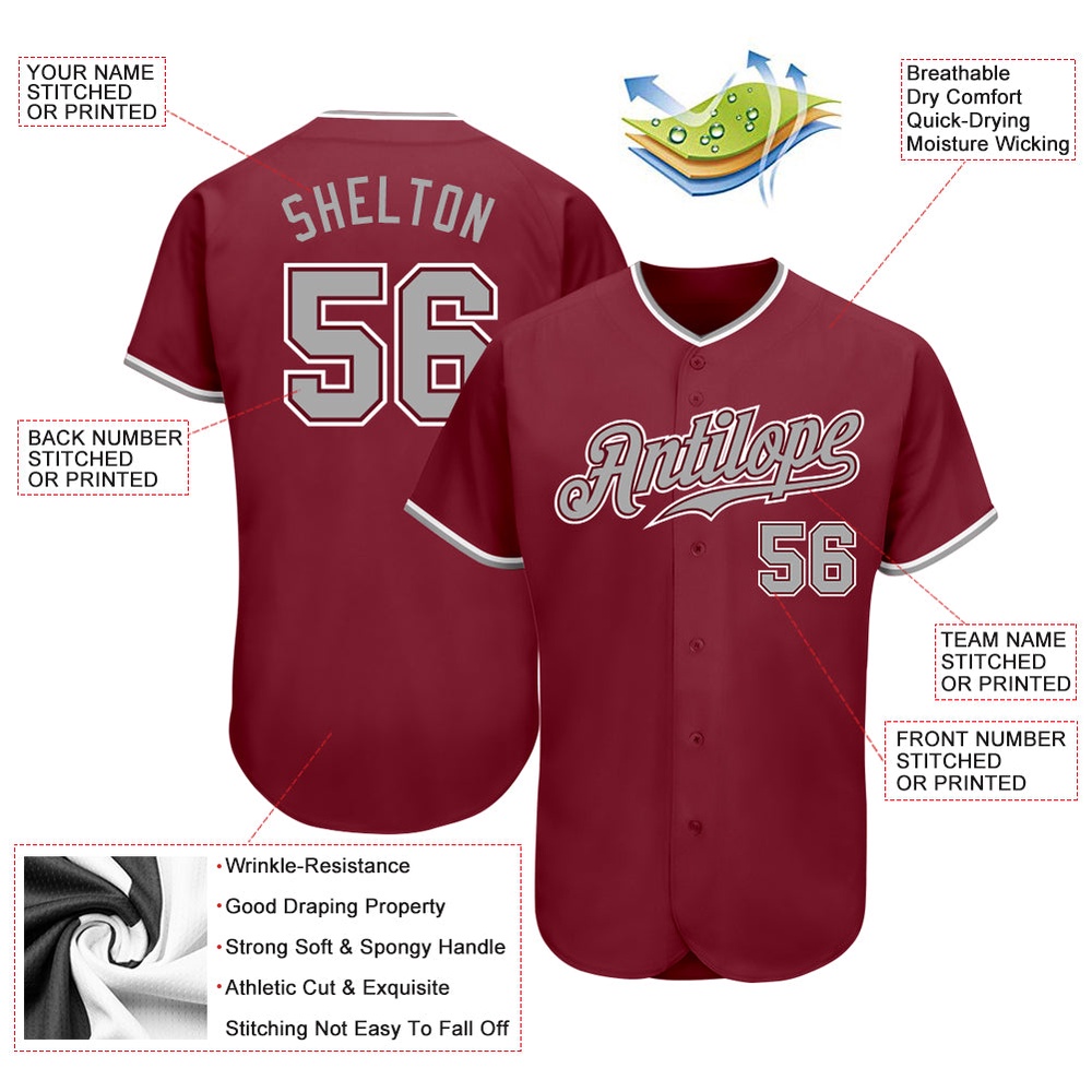 Crimson Gray-White Authentic Baseball Jersey, Custom Baseball Jersey, Personalized Sport Jersey