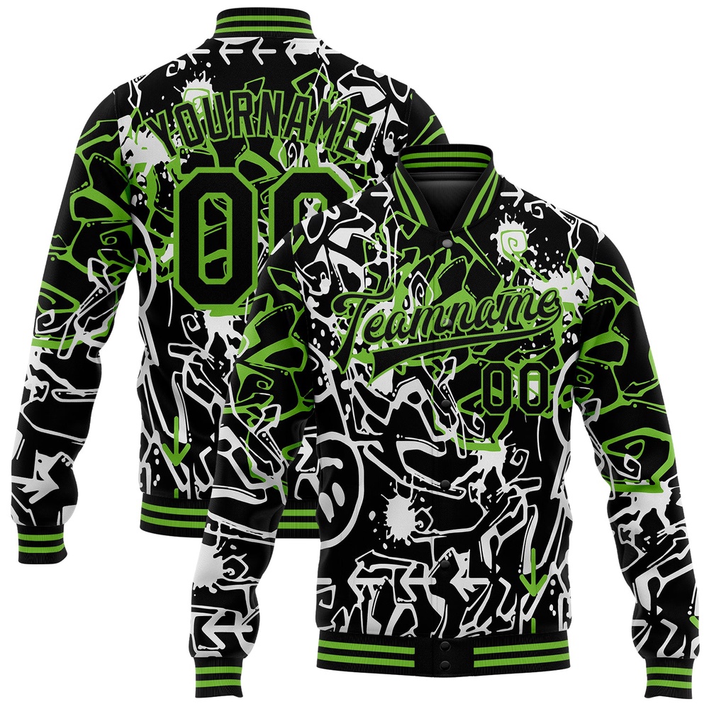 Custom Graffiti Pattern Black Neon Green Abstract Grunge Art 3D Bomber Full Snap Baseball Jacket, Custom Team Jacket Custom Graffiti Pattern Black Neon Green Abstract Grunge Art 3D Bomber Full Snap Baseball Jacket, Custom Team Jacket