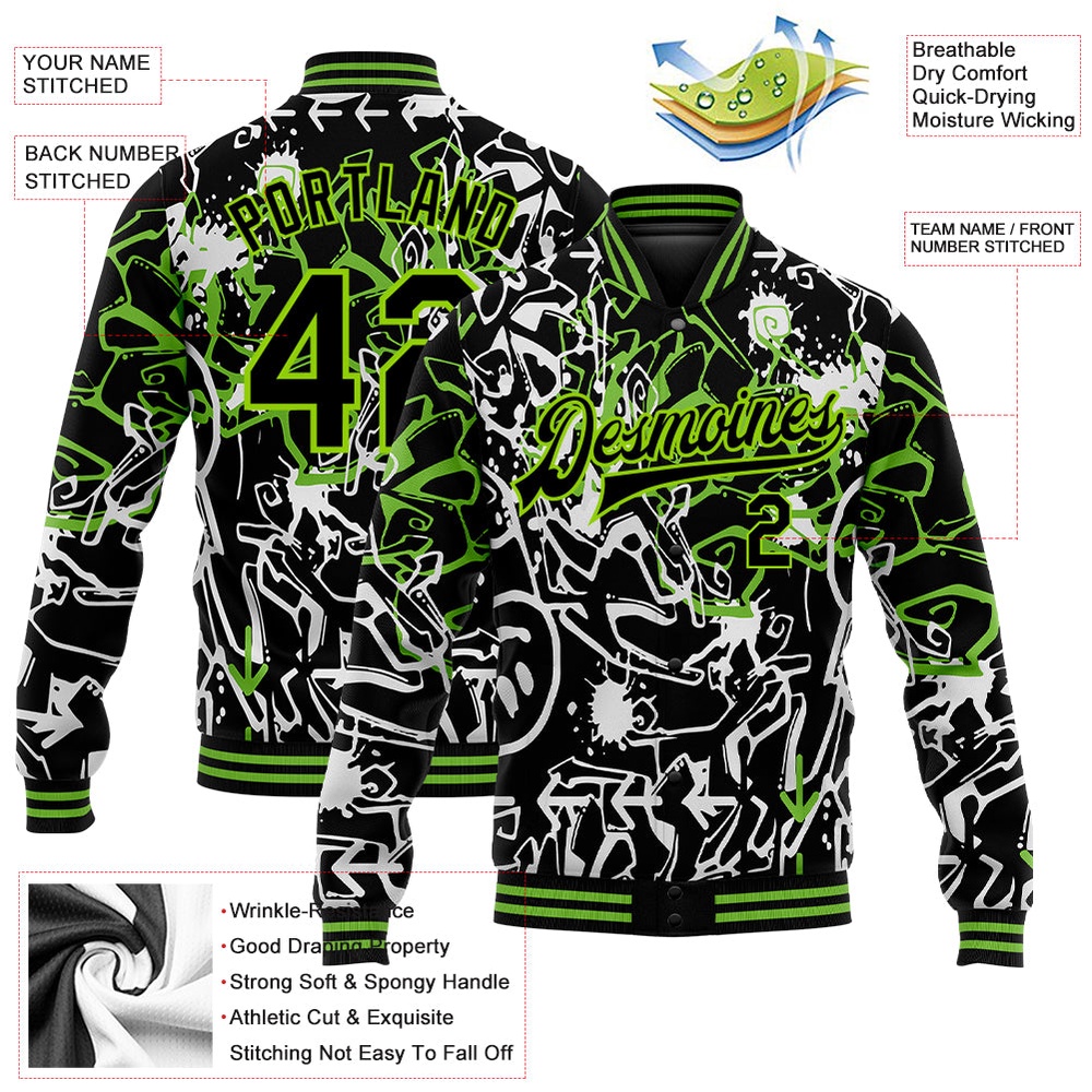 Custom Graffiti Pattern Black Neon Green Abstract Grunge Art 3D Bomber Full Snap Baseball Jacket, Custom Team Jacket Custom Graffiti Pattern Black Neon Green Abstract Grunge Art 3D Bomber Full Snap Baseball Jacket, Custom Team Jacket
