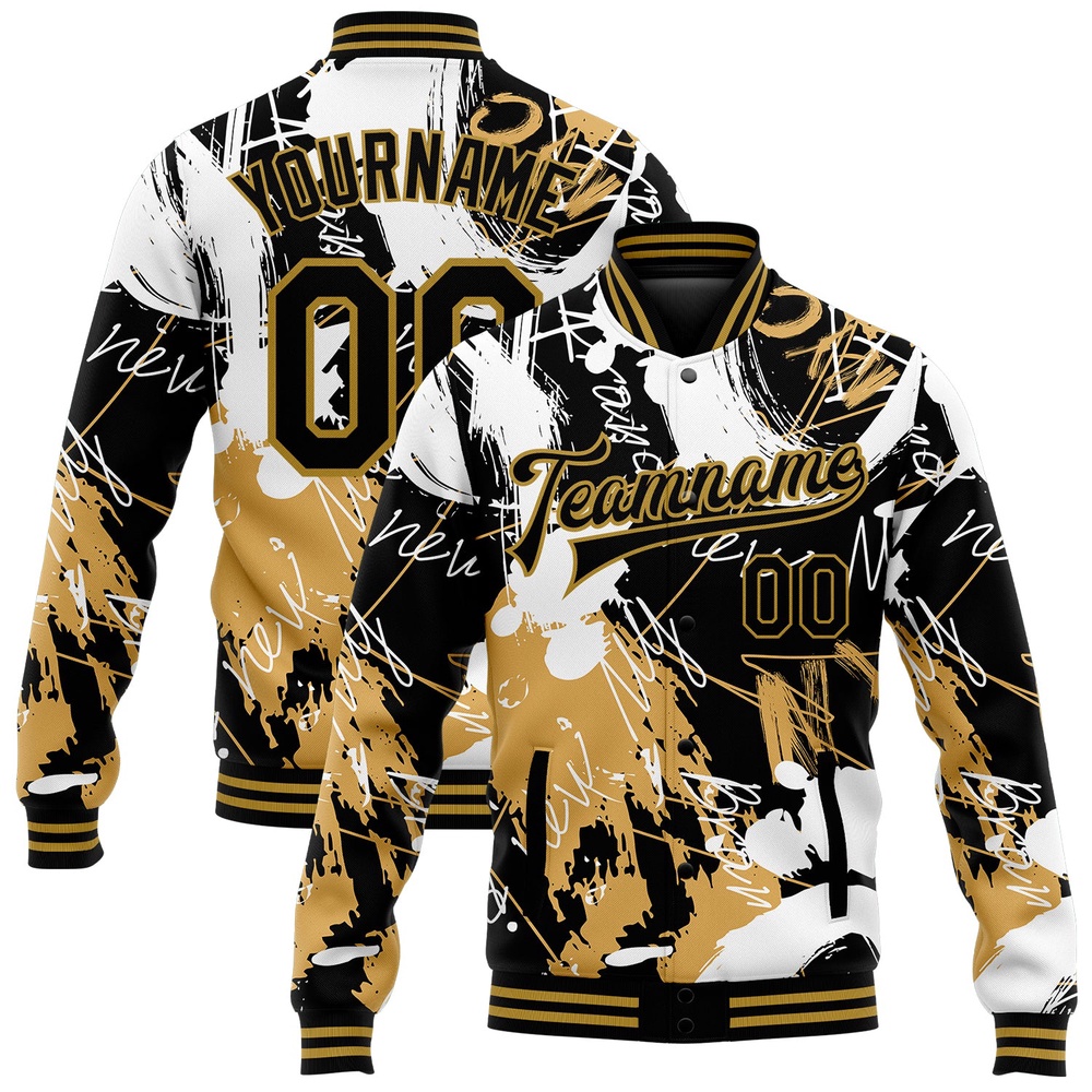 Custom Graffiti Pattern Black Old Gold Grunge Art 3D Bomber Full Snap Baseball Jacket, Custom Team Jacket Custom Graffiti Pattern Black Old Gold Grunge Art 3D Bomber Full Snap Baseball Jacket, Custom Team Jacket