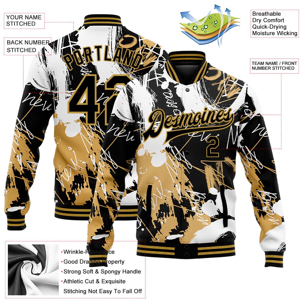 Custom Graffiti Pattern Black Old Gold Grunge Art 3D Bomber Full Snap Baseball Jacket, Custom Team Jacket Custom Graffiti Pattern Black Old Gold Grunge Art 3D Bomber Full Snap Baseball Jacket, Custom Team Jacket