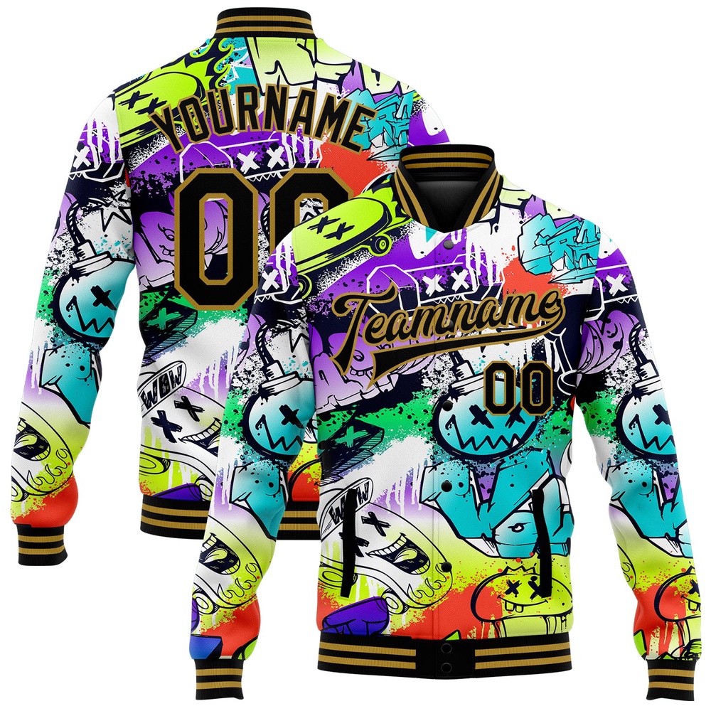 Custom Graffiti Pattern Black Old Gold Grunge Urban Street Art 3D Bomber Full Snap Baseball Jacket, Custom Team Jacket Custom Graffiti Pattern Black Old Gold Grunge Urban Street Art 3D Bomber Full Snap Baseball Jacket, Custom Team Jacket