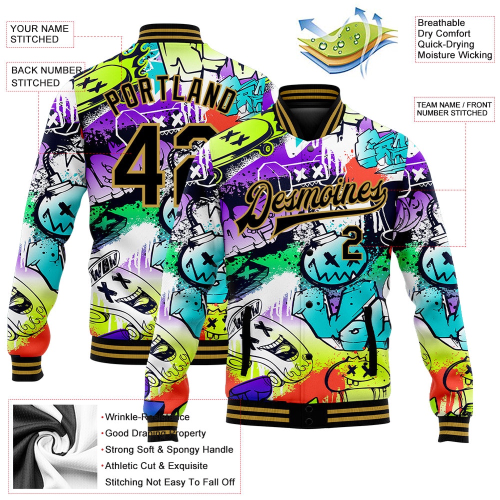Custom Graffiti Pattern Black Old Gold Grunge Urban Street Art 3D Bomber Full Snap Baseball Jacket, Custom Team Jacket Custom Graffiti Pattern Black Old Gold Grunge Urban Street Art 3D Bomber Full Snap Baseball Jacket, Custom Team Jacket