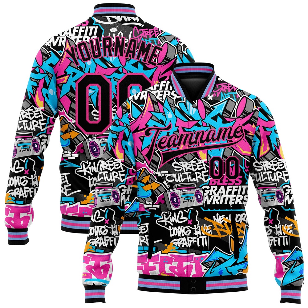 Custom Graffiti Pattern Black Pink Grunge Urban Street Art 3D Bomber Full Snap Baseball Jacket, Custom Team Jacket Custom Graffiti Pattern Black Pink Grunge Urban Street Art 3D Bomber Full Snap Baseball Jacket, Custom Team Jacket